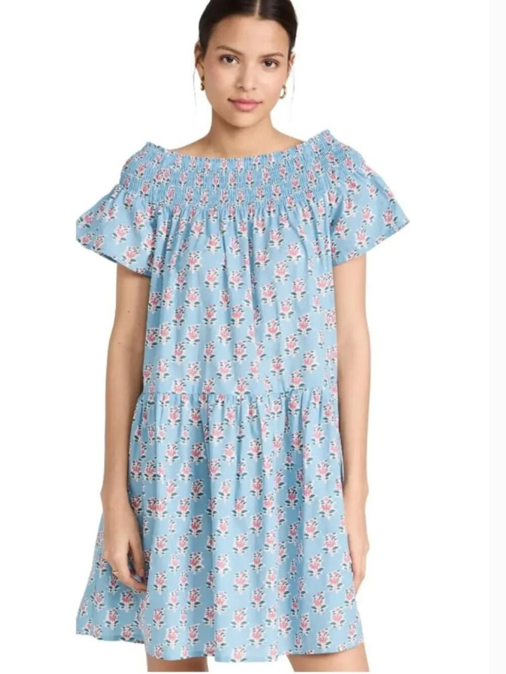 Marea Louise Shortie Dress Mini 100% Cotton Boho Smocked Short Sleeve Blue Small